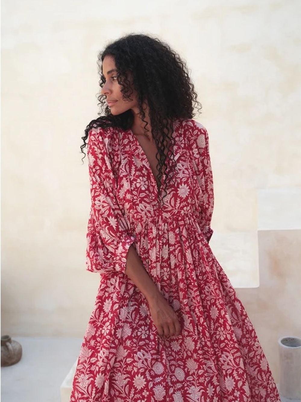 Daughters of India KYRA MIDI DRESS SAFFRON red floral